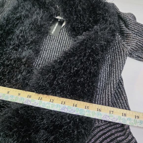 Lauren Michelle Silver Black Sparkly Fuzzy Trim Cardigan Size Medium Party - Picture 9 of 13